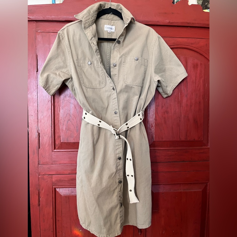 Calvin Klein Taupe Midi Shirt Dress with Ivory Belt
